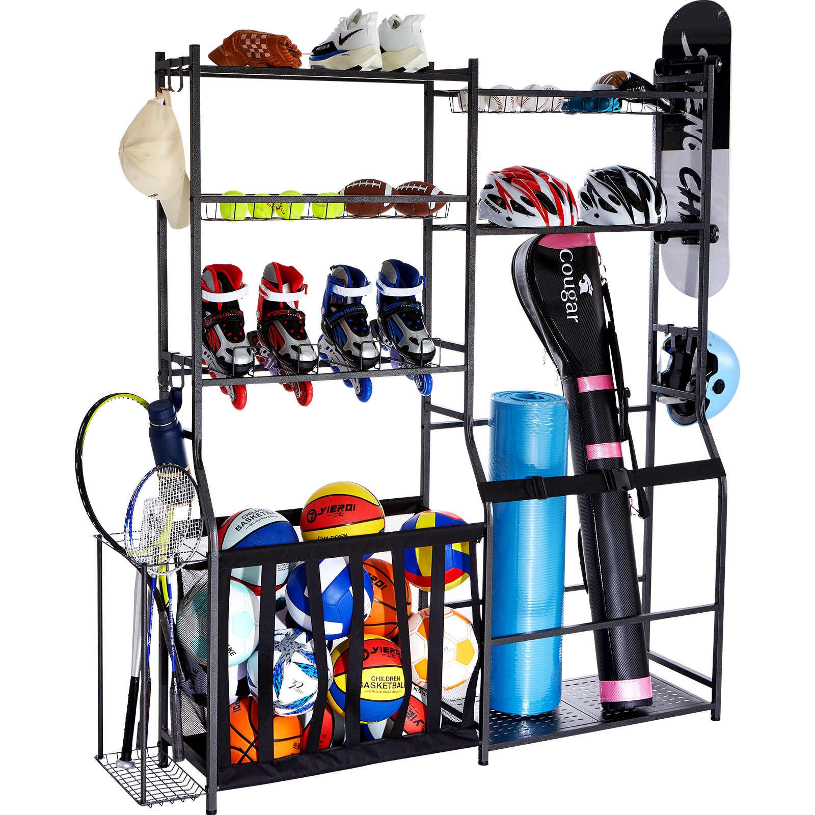 Golf Storage Garage Organizer, 2 Golf Bag Storage Stand Holder And Other Sports Equipment Storage Rack, Outdoor Steel Ball Cart, Sports Gear And Toys Storage Shelves With Baskets & Hooks, Black_maomaolike.com
